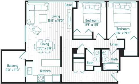 Floor plan for 2 beds, 1.5 baths, 1152 sqft